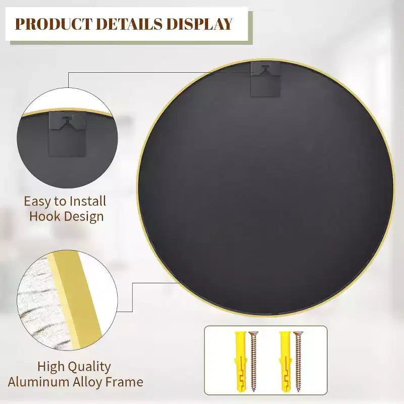 Specchio da parete rotondo da 30" con cornice in alluminio nero – Montaggio a parete
