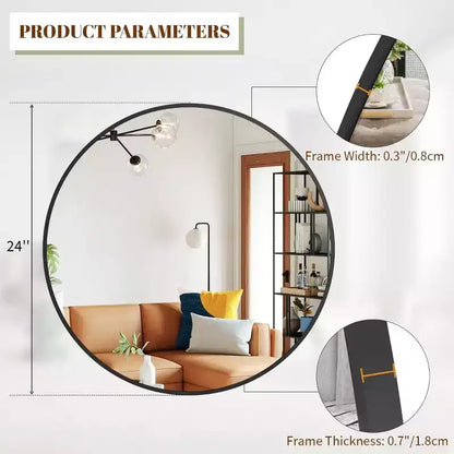 Specchio da parete rotondo da 30" con cornice in alluminio nero – Montaggio a parete