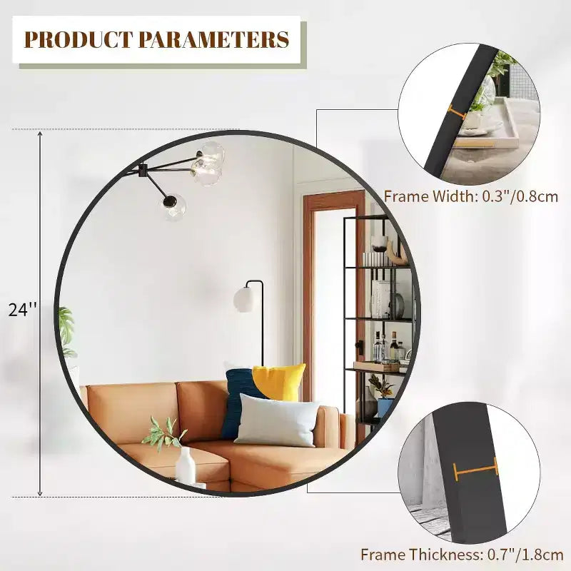 Specchio da parete rotondo da 30" con cornice in alluminio nero – Montaggio a parete