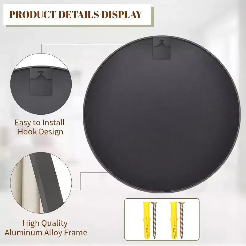 Specchio da parete rotondo da 30" con cornice in alluminio nero – Montaggio a parete