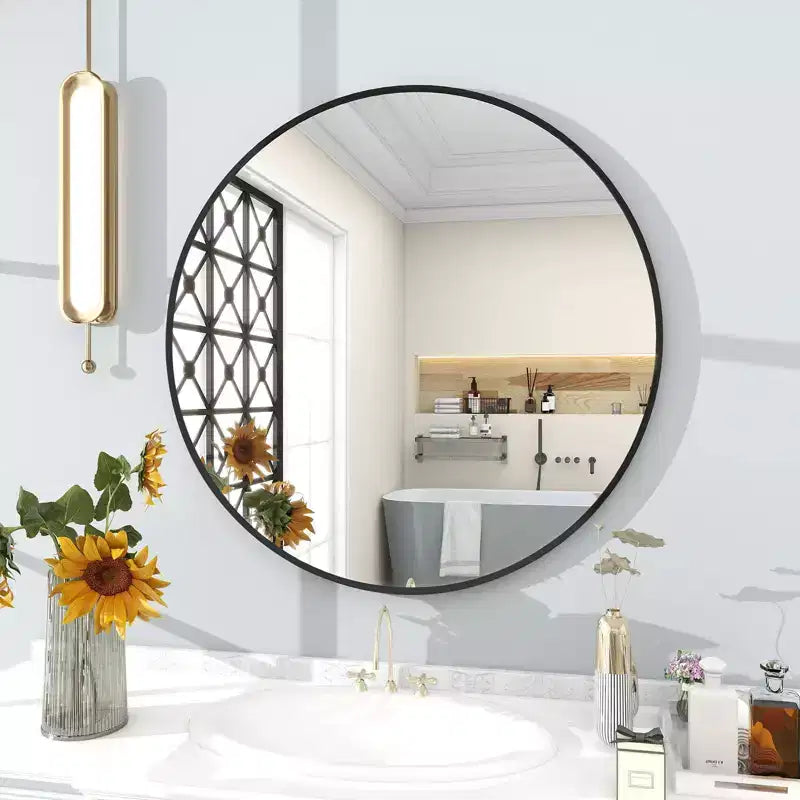 Specchio da parete rotondo da 30" con cornice in alluminio nero – Montaggio a parete